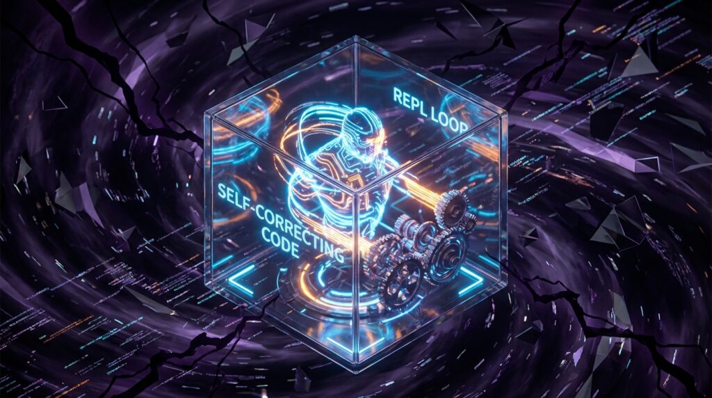 Glowing AI figure inside a glass cube with gears, labeled REPL LOOP and SELF-CORRECTING CODE, set against a dark digital vortex.