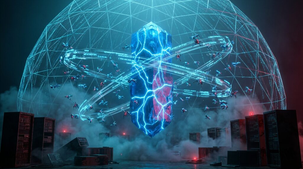 Glowing blue crystal surrounded by swirling AI drones and code streams inside a digital dome, representing agent swarms.