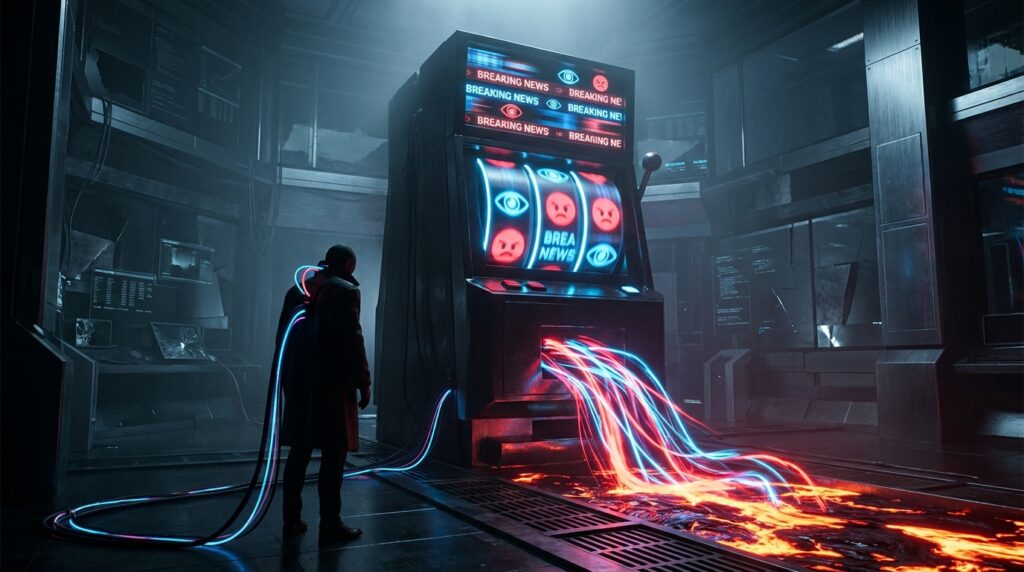 Man plugged into a cyberpunk slot machine displaying 'BREAKING NEWS' and angry faces, spewing glowing lava-like cables.