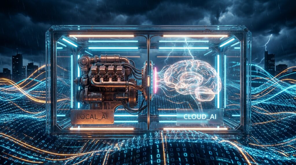Glass container holding a mechanical engine labeled LOCAL_AI and a digital brain labeled CLOUD_AI connected in a digital city.