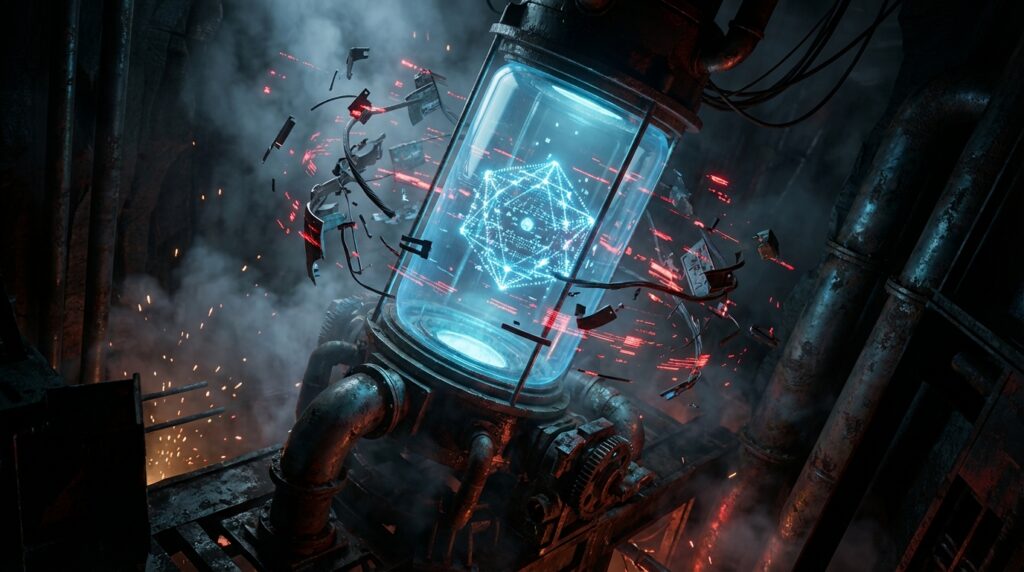 Glowing blue geometric AI entity isolated inside a secure industrial glass cylinder surrounded by pipes and digital debris.