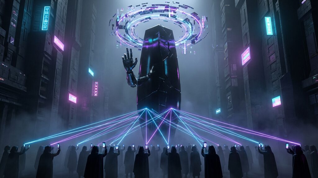 Giant black monolith with a robotic arm connects via lasers to robed figures holding smartphones in a dark cyberpunk city.