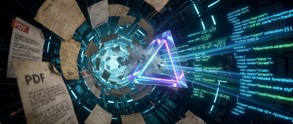 Glowing prism transforming chaotic flying PDF papers and documents into clean HTML code and digital text streams.