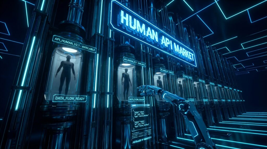 Robotic arm selects a human in a pod labeled API_HUMAN_V2.1 under a HUMAN API MARKET neon sign in a blue sci-fi server room.