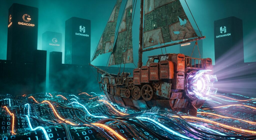 Rusty ship constructed from red 'MAIL' boxes and circuit board sails travels on glowing digital cables past 'GIGACORP' towers.