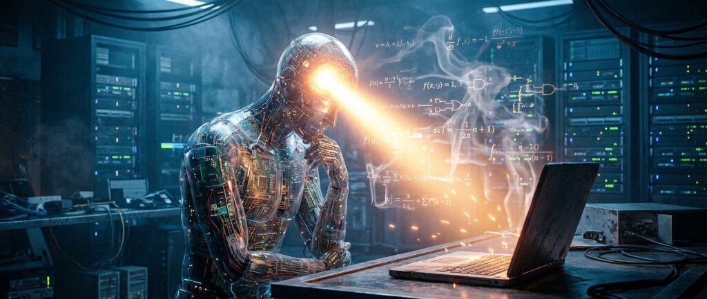 Transparent AI humanoid in a server room projecting light from eyes onto a laptop, surrounded by floating math formulas.