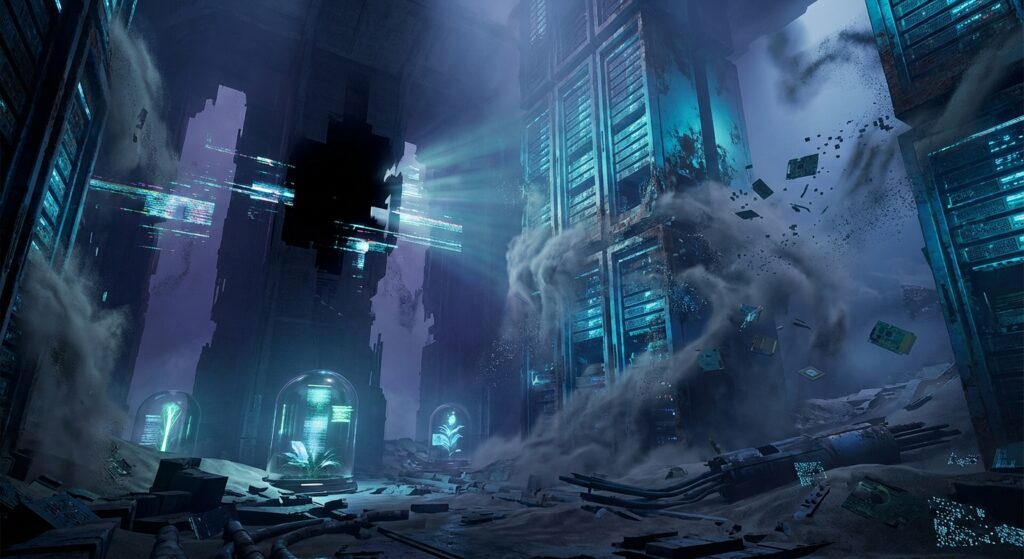 Decaying blue server skyscrapers inside a dusty ruin with floating digital glitches and small plants in glass domes.