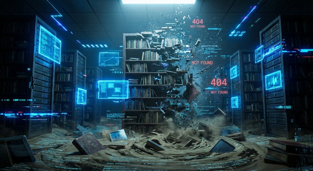 Dark library shelves disintegrating into digital pixels with glowing red "404 NOT FOUND" holograms over a sand-covered floor.