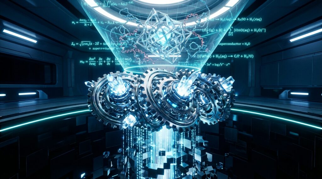Futuristic gears with glowing crystals projecting holograms of math formulas and molecular structures in a high-tech lab.