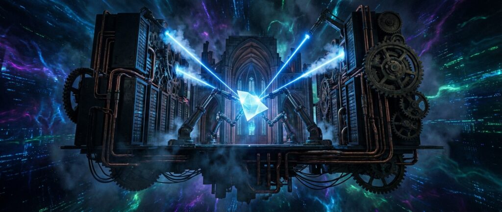 Robotic arms laser-etch a glowing prism between industrial server racks and gears against a digital cosmic background.