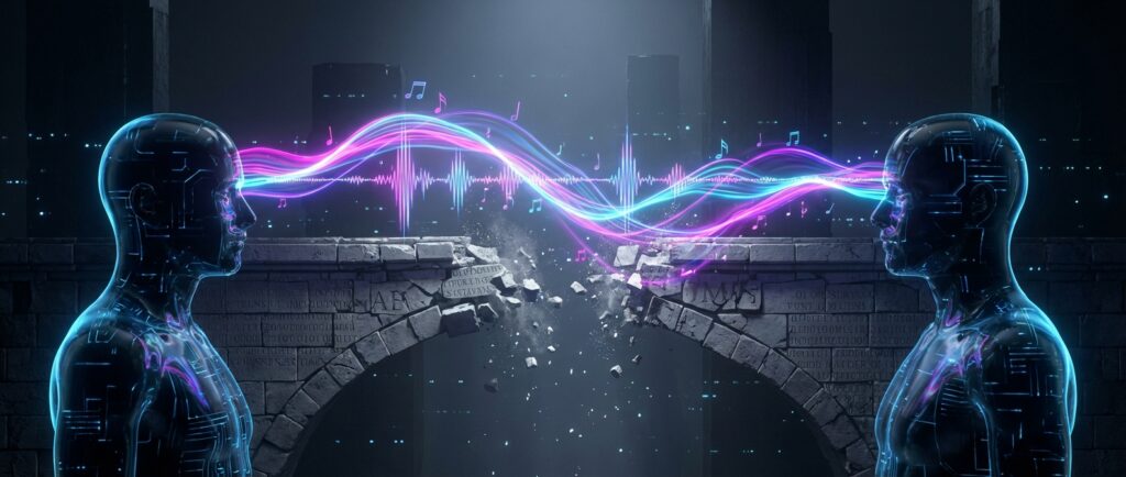 Futuristic profiles connected by a neon audio wave bridging a gap over a crumbled stone structure.