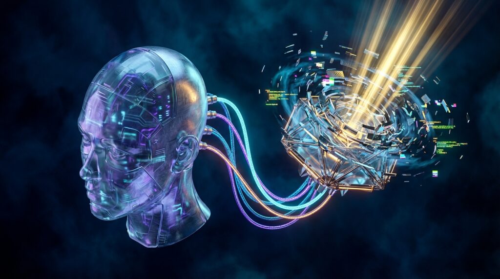 Transparent cybernetic head connected by glowing cables to a complex, swirling geometric data core against a dark background.