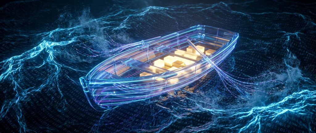 Glowing neon rowboat floating on dark blue waves made of binary code, symbolizing AI navigating digital memory.