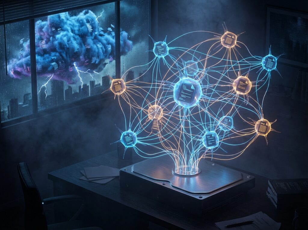 Glowing neural network of document icons sprouting from a local hard drive, set against a rainy window with lightning.