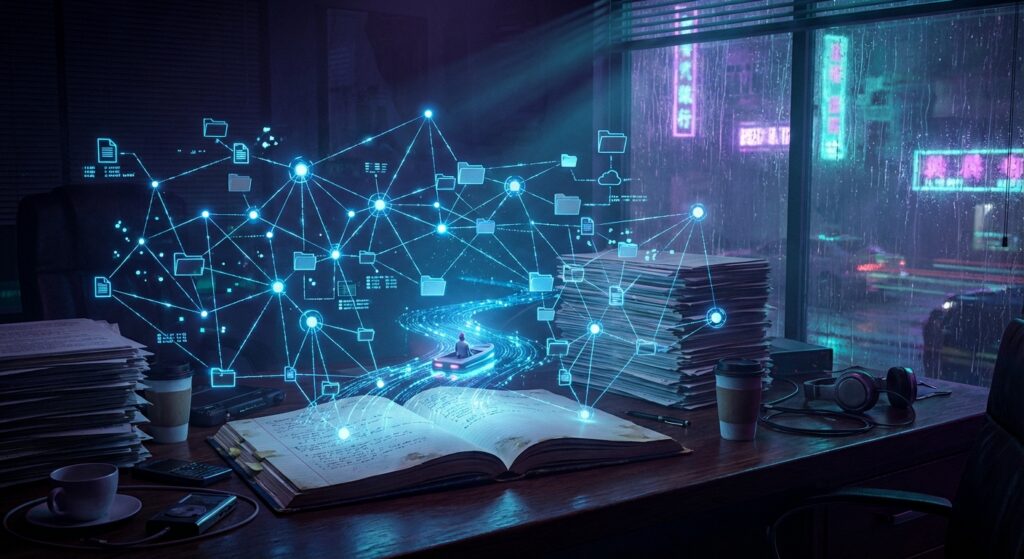 A figure rows on a digital stream emerging from an open book, surrounded by glowing data nodes in a rainy cyberpunk office.