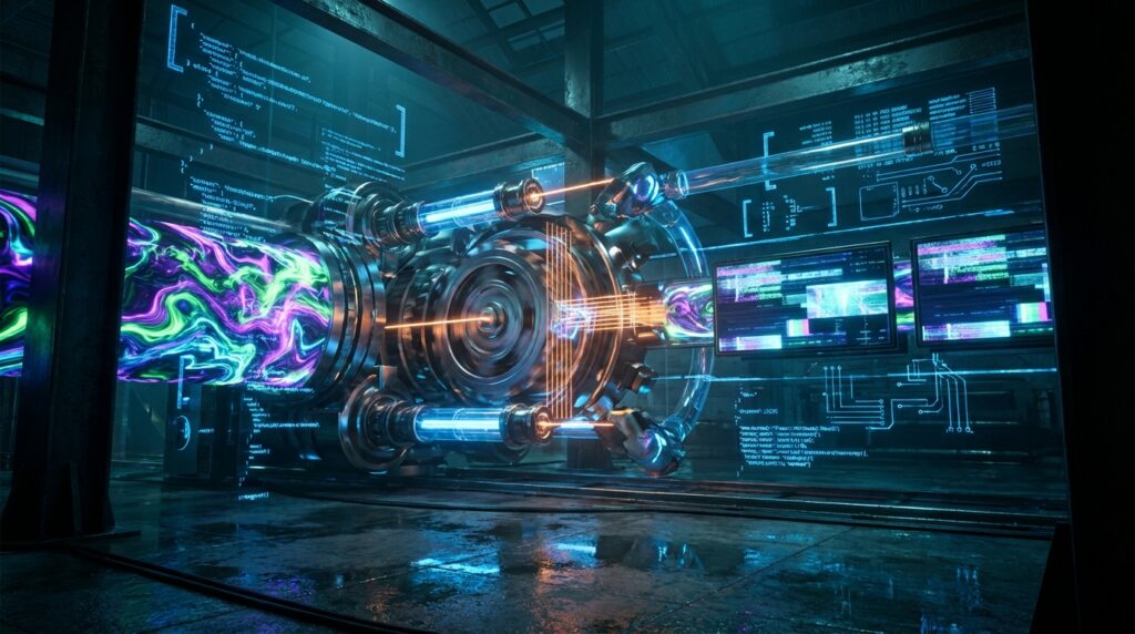 Futuristic machine channeling swirling purple energy into a core via orange lasers, flanked by holographic code screens.