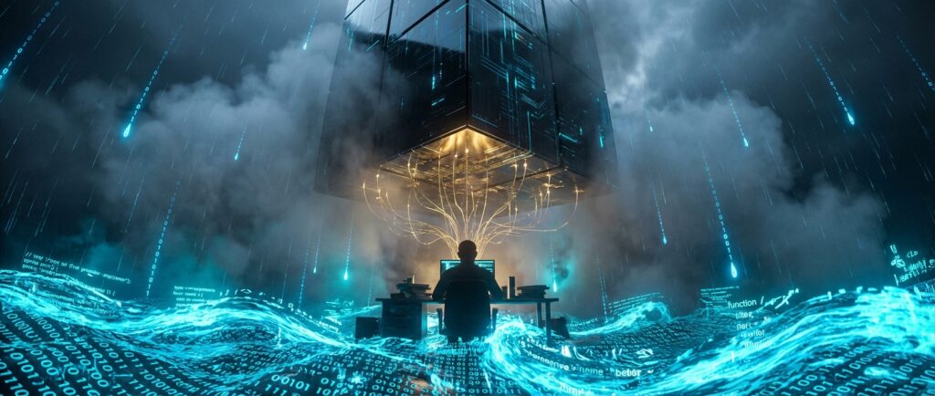 Programmer sits under a massive hovering cube connected by glowing cables, surrounded by swirling blue digital code rain.