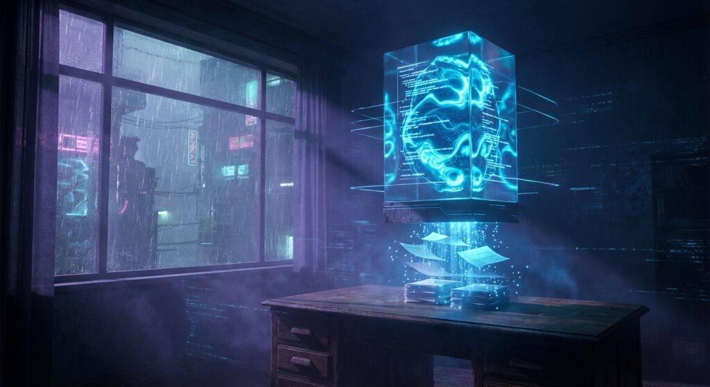 A glowing blue holographic cube containing a digital brain floats above a desk, absorbing documents in a dark, rainy room.