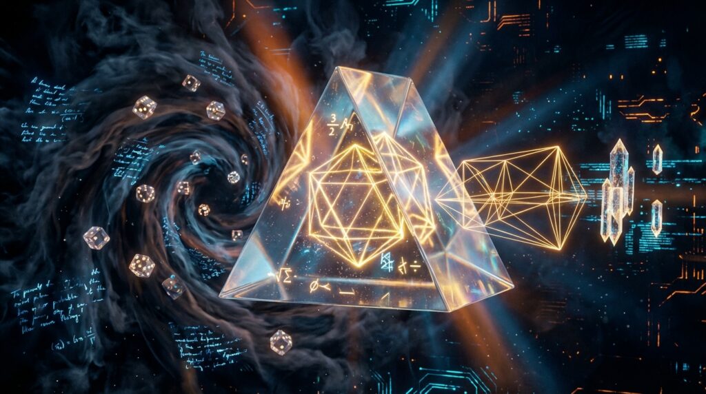 Dice and math formulas in a storm transform into precise glowing geometry through a prism, symbolizing the shift to AI logic.