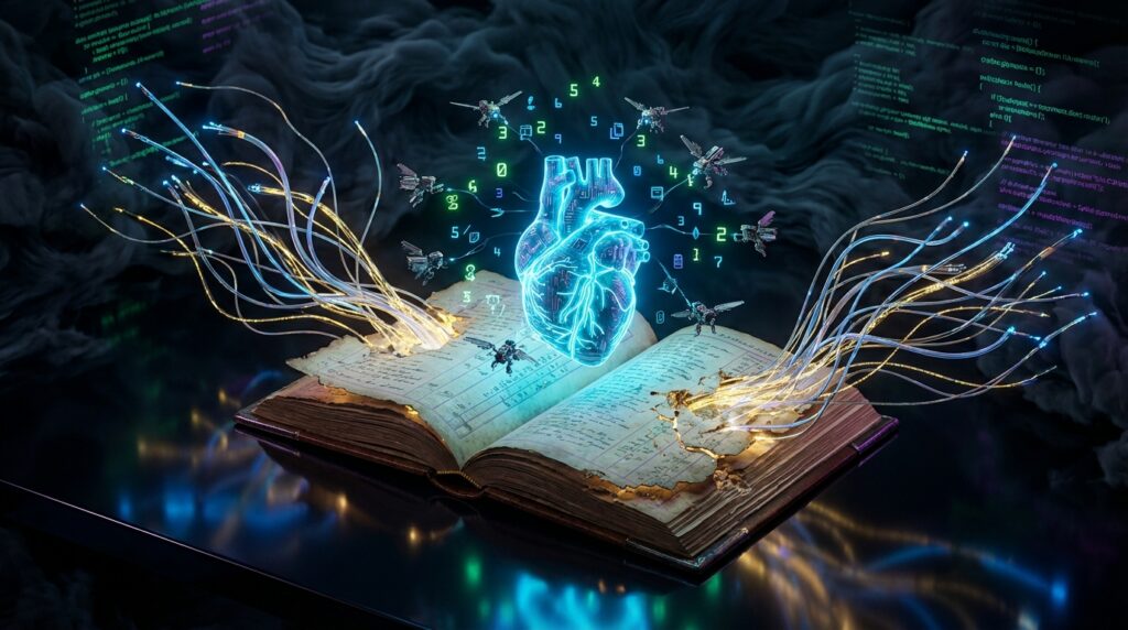 Glowing digital heart floating above an antique open ledger, connected by fiber optic strands and floating data numbers.