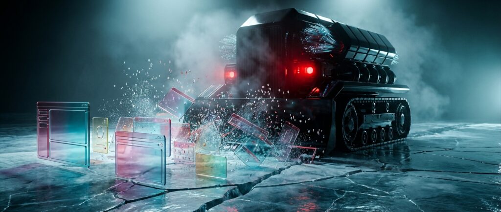 A massive black tank with red lights crushing translucent app interface windows into shards and digital particles.