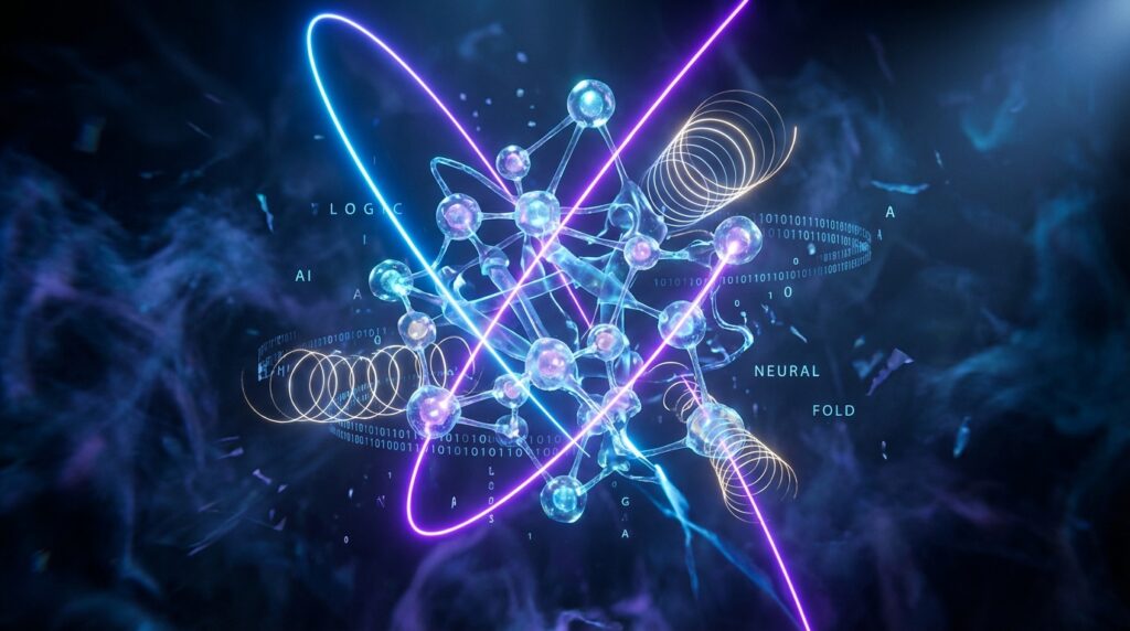 Glowing molecular structure with neon nodes and binary code, featuring text overlays: LOGIC, AI, and NEURAL FOLD.