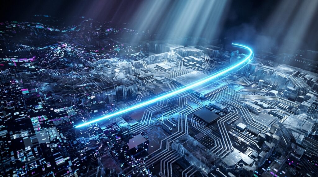 Glowing blue light beam cutting across a futuristic silicon circuit board landscape, symbolizing direct hard-wired data flow.