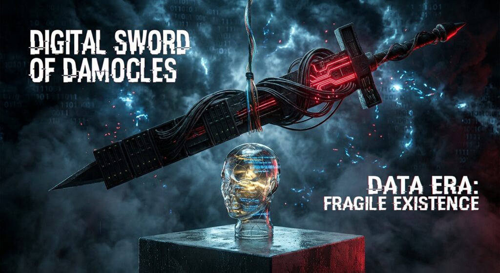 Server-rack sword hangs by fraying wire over a digital glass head. Text: DIGITAL SWORD OF DAMOCLES, DATA ERA: FRAGILE EXISTENCE.