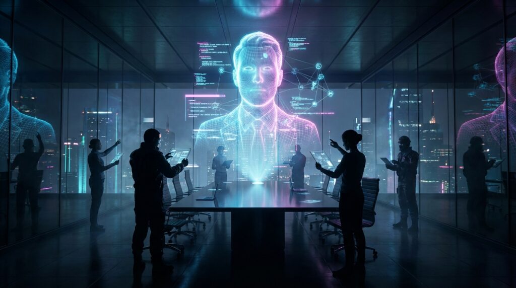 A giant glowing wireframe hologram of a male CEO's head floats above a conference table in a high-tech office with employees.
