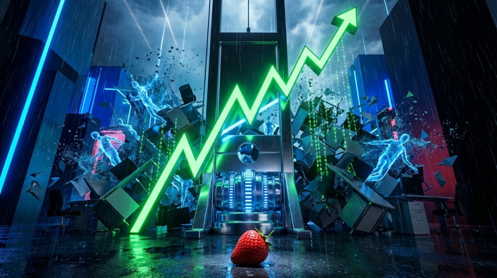 Green stock arrow rises through a guillotine, shattering holographic workers and office chairs in rain, with a strawberry below.