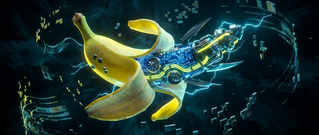 A yellow banana peels to reveal a glowing blue cybernetic engine and thrusters, representing the powerful Nano Banana 2 AI model.