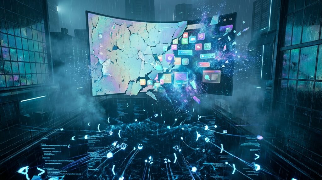 A shattered holographic screen releases colorful app icons into a rainy alley, dissolving into flowing blue digital code.