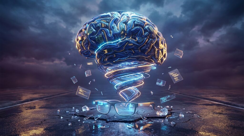 Glowing digital brain funneling data streams into smart glasses on cracked pavement against a stormy sky, symbolizing edge AI.