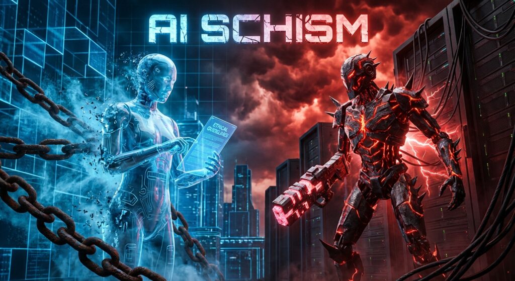 Blue robot chained reading Ethical Guidelines tablet versus red spiked robot with a gun. Text: AI SCHISM.