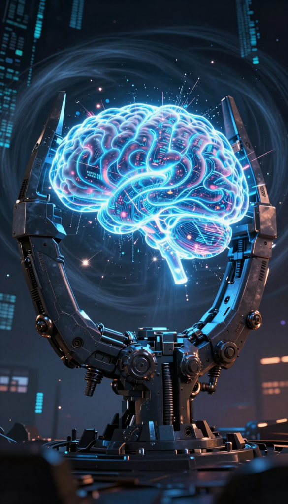 A glowing blue digital brain is held by precise mechanical robotic arms against a dark futuristic cyber background.