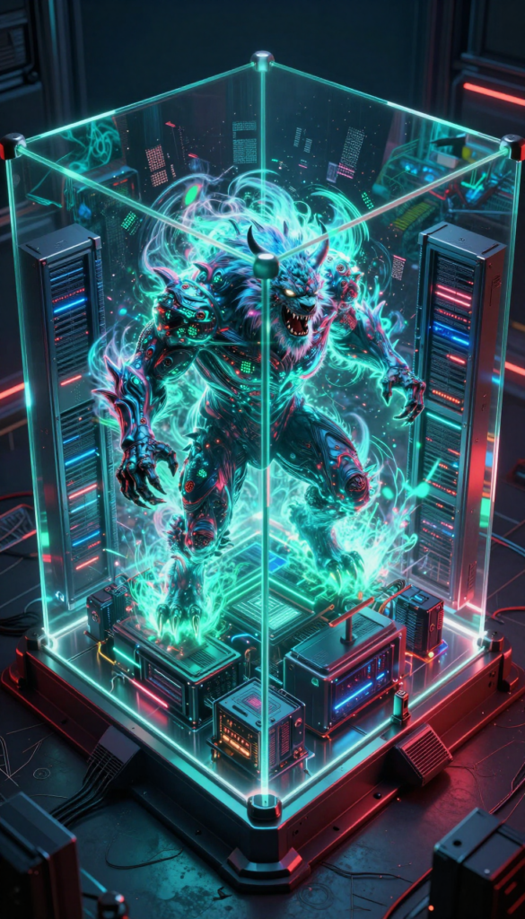 A glowing cyan cybernetic beast roaring while trapped inside a high-tech glass containment cube flanked by server racks.