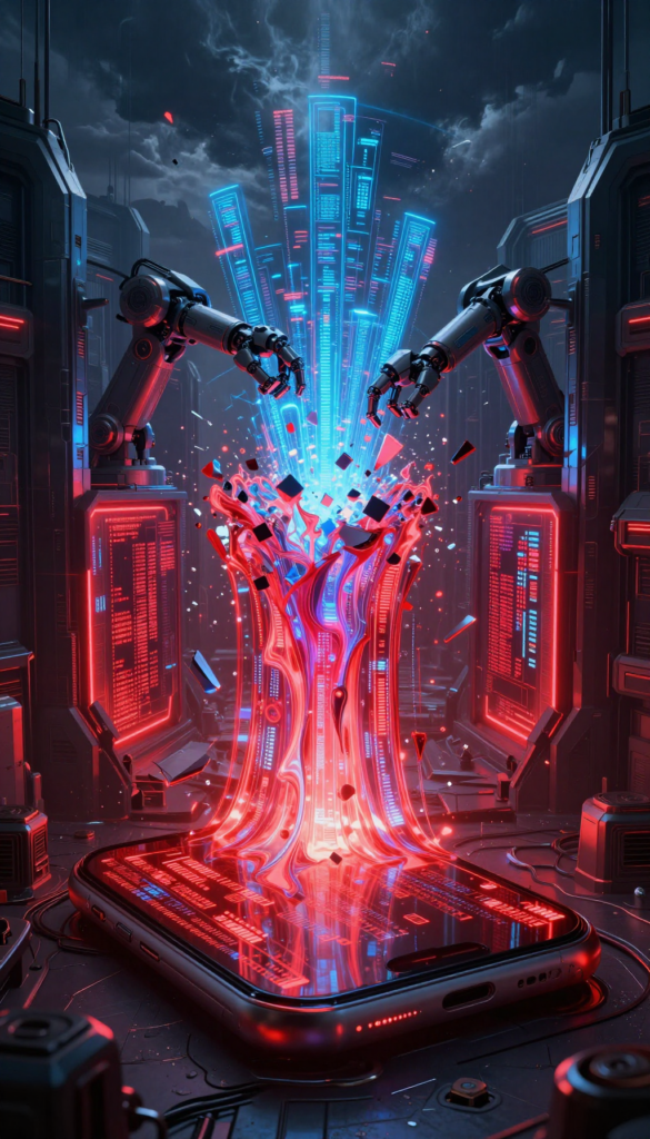 Two robotic arms manipulate a glowing red and blue holographic data stream erupting from a smartphone screen.