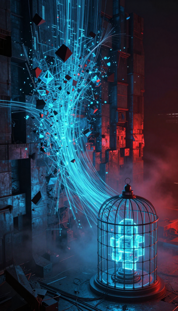 Glowing blue digital block locked in a birdcage, connected to dark futuristic architecture by sweeping neon data streams.