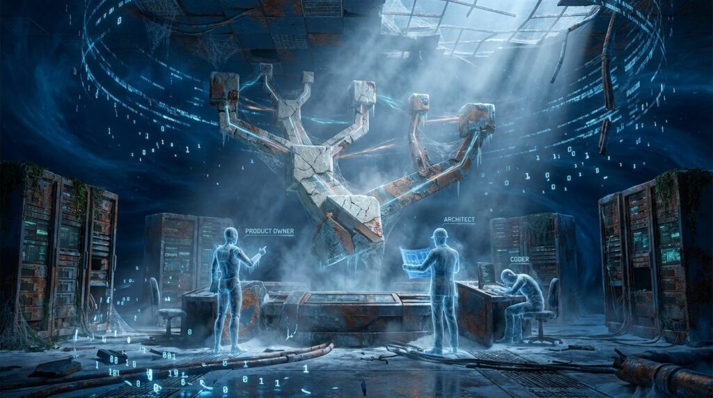 Holographic figures labeled PRODUCT OWNER, ARCHITECT, and CODER work in a sci-fi server room with a floating stone structure.