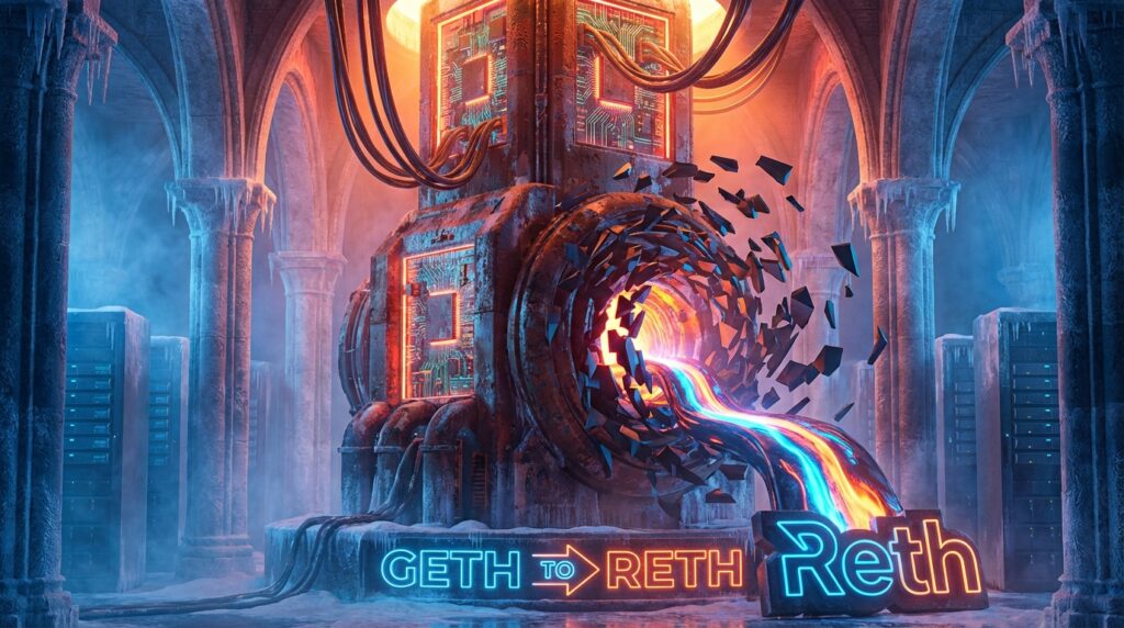 Sci-fi machinery in an icy server room extruding molten data, featuring neon text "GETH to RETH" and the "Reth" logo.