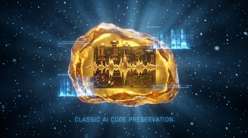 Golden amber encasing vintage vacuum tubes and a sound wave, surrounded by spectrograms. Text: CLASSIC AI CODE PRESERVATION.