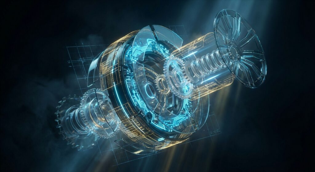 Futuristic 3D exploded view of a mechanical wheel with glowing blue circuits and wireframes, symbolizing deconstructed code.