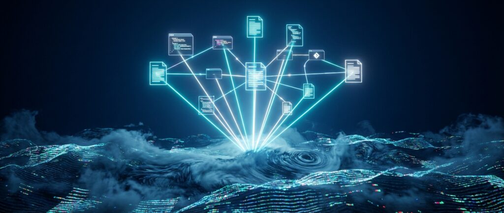 Glowing blue code file icons connected by lines forming a network graph rising above a turbulent digital landscape.