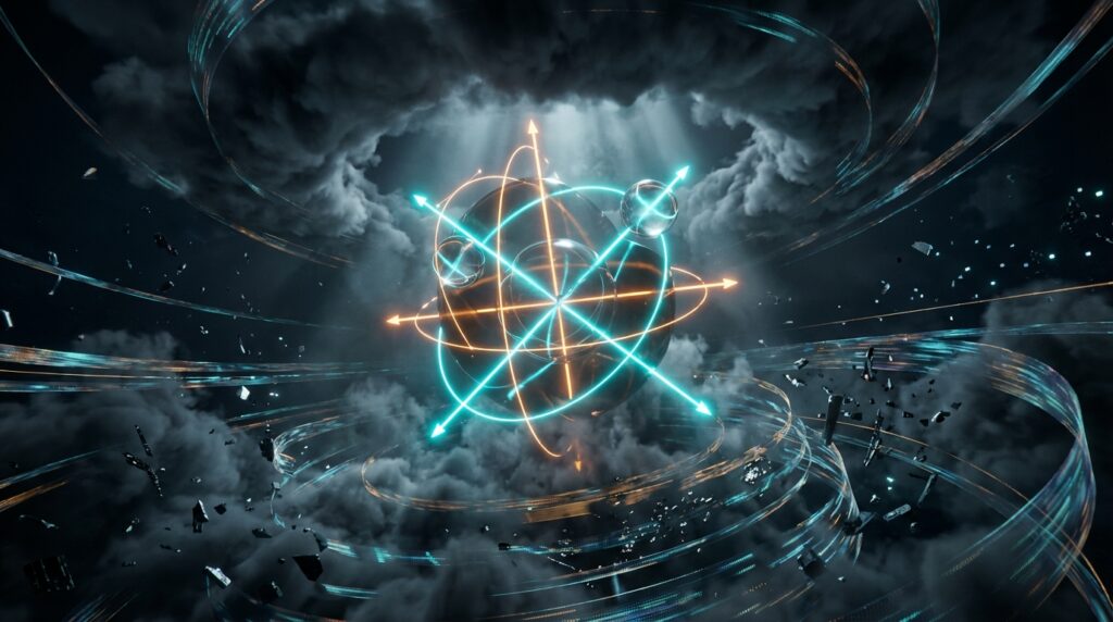 3D abstract render of a glowing atom-like structure with Cartesian axes and orbital rings amidst dark digital clouds.