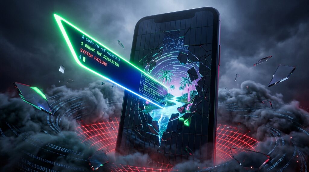 A digital sword labeled 'sudo rm -rf /monolith' pierces a smartphone, shattering the screen to reveal a neon cyber-landscape.
