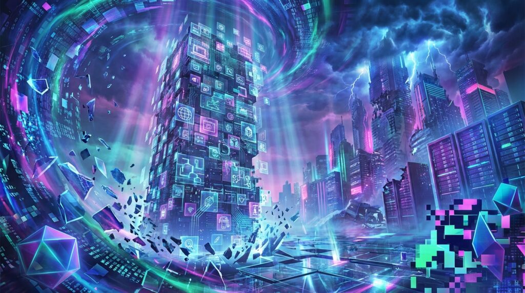 A glowing digital tower covered in programming icons crumbling into a neon data vortex, symbolizing the collapse of character boundaries.