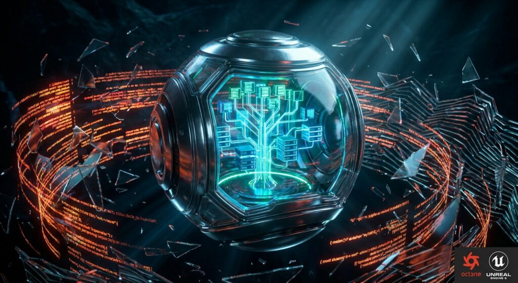 Metallic sphere holding a glowing green server tree, surrounded by swirling orange code rings and shattering glass.