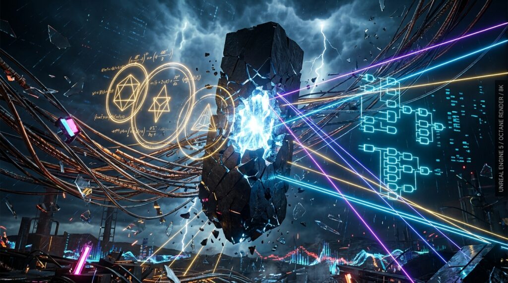 Fractured stone connecting gold math and blue logic circuits. Text: UNREAL ENGINE 5 / OCTANE RENDER / 8K.