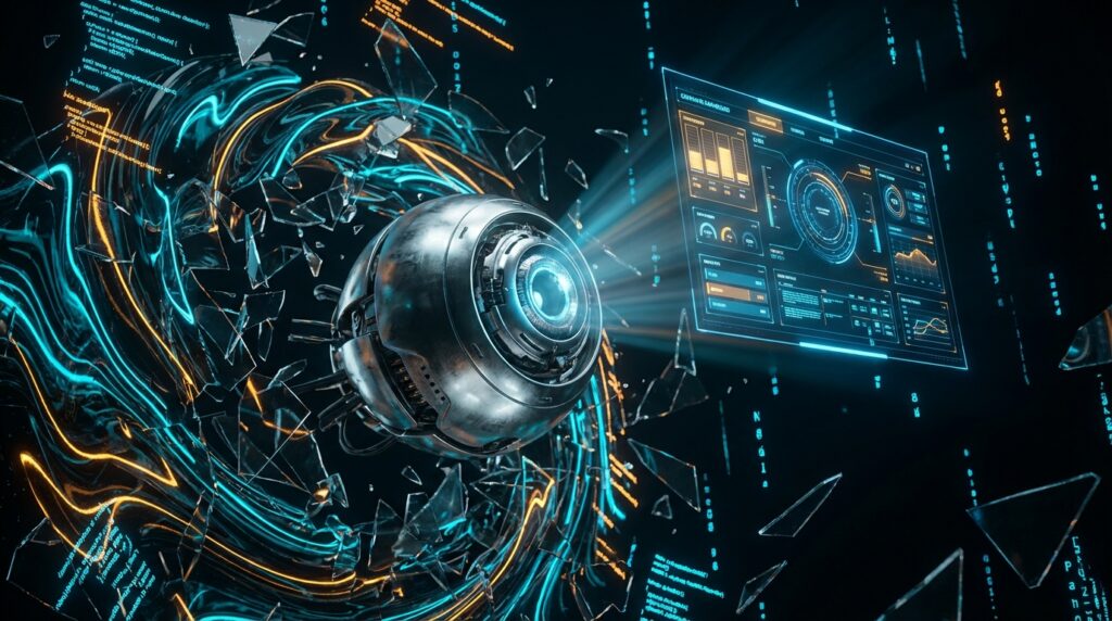 A metallic sphere projects a digital dashboard hologram amidst swirling blue energy, floating code, and broken glass shards.