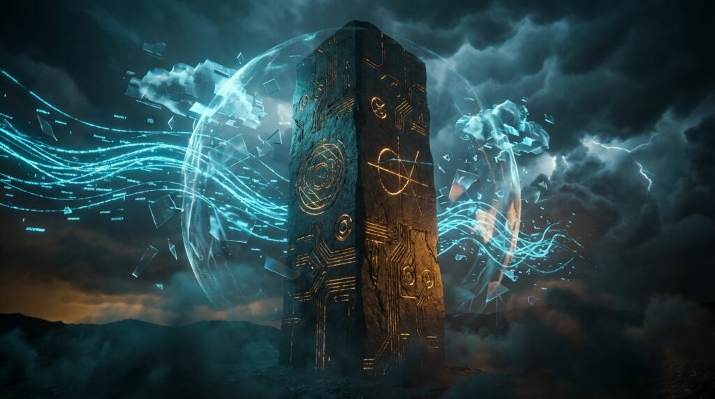 A dark monolith carved with glowing circuits stands amidst a stormy landscape, shielded from swirling blue data streams.